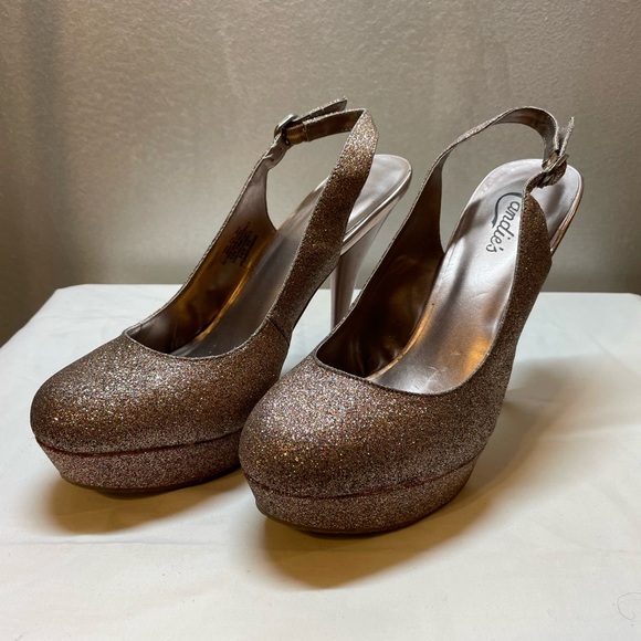 Gold Glitter Slingback Platform Heels - Picture 2 of 15